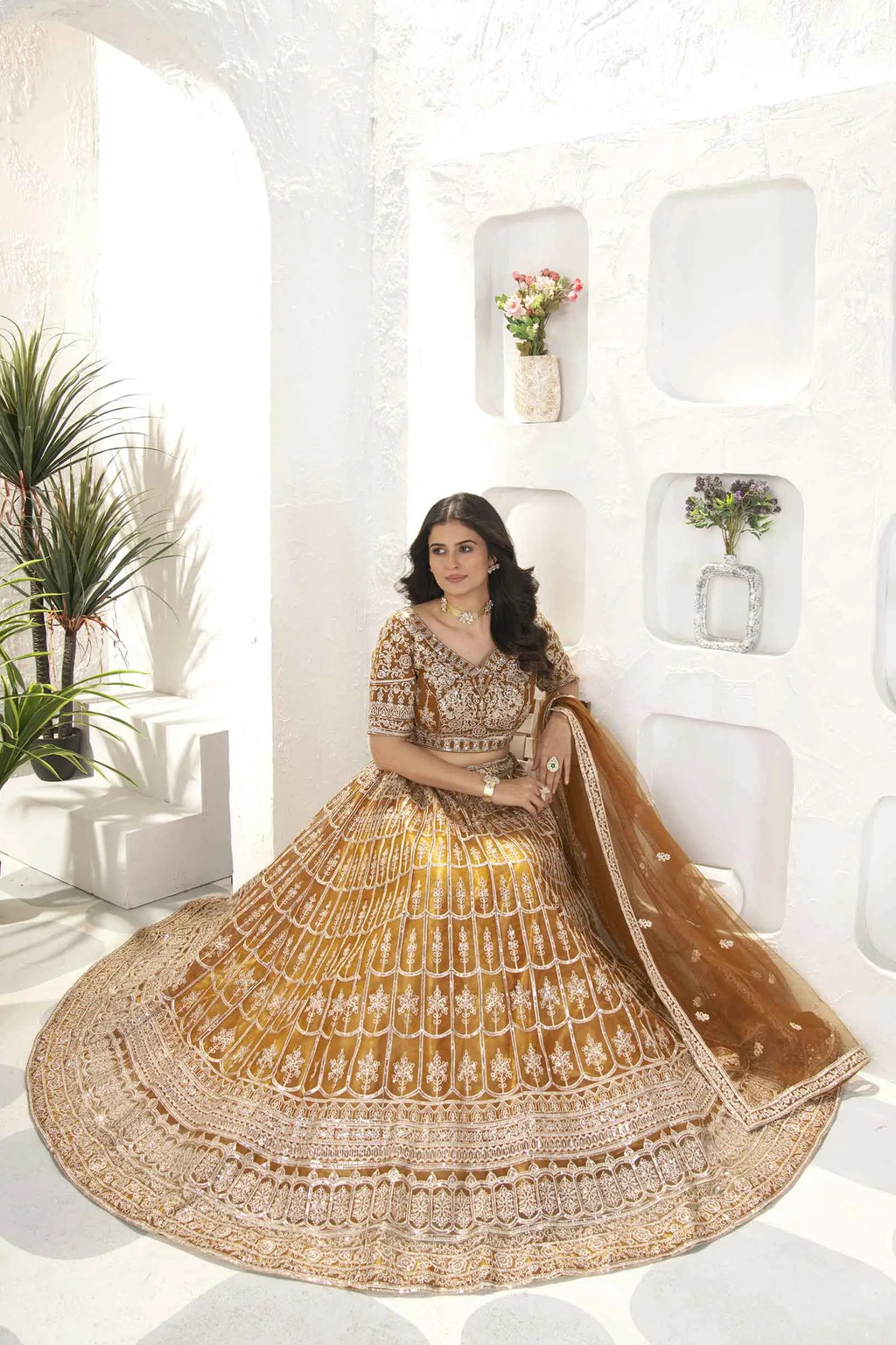 Light Brown Net Lehenga With Sequins Embroidery