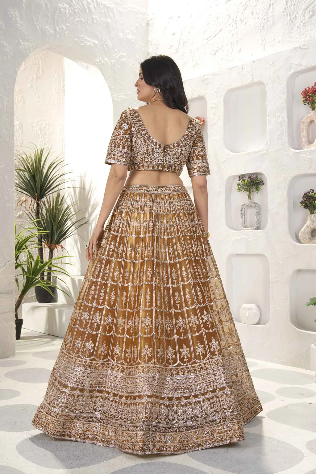 Light Brown Net Lehenga With Sequins Embroidery