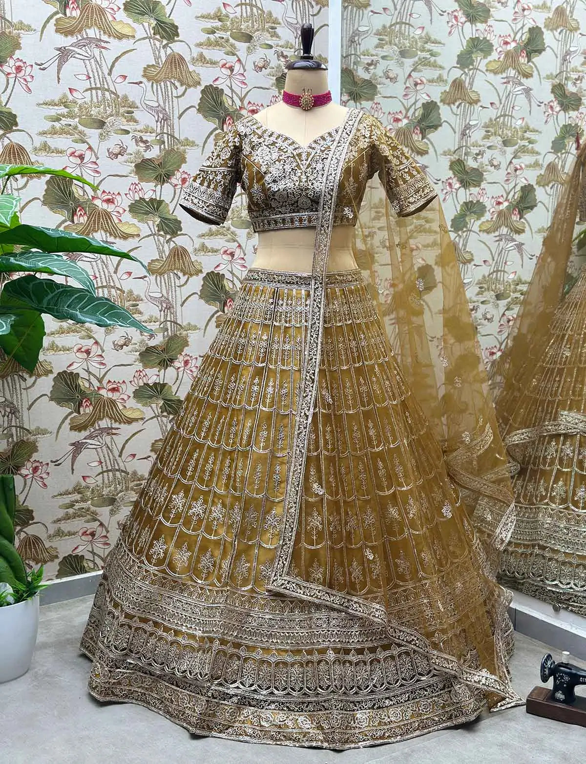 Light Brown Net Lehenga With Sequins Embroidery