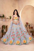 Gray  Multi Thread Embroidery Work Georgette Lehenga