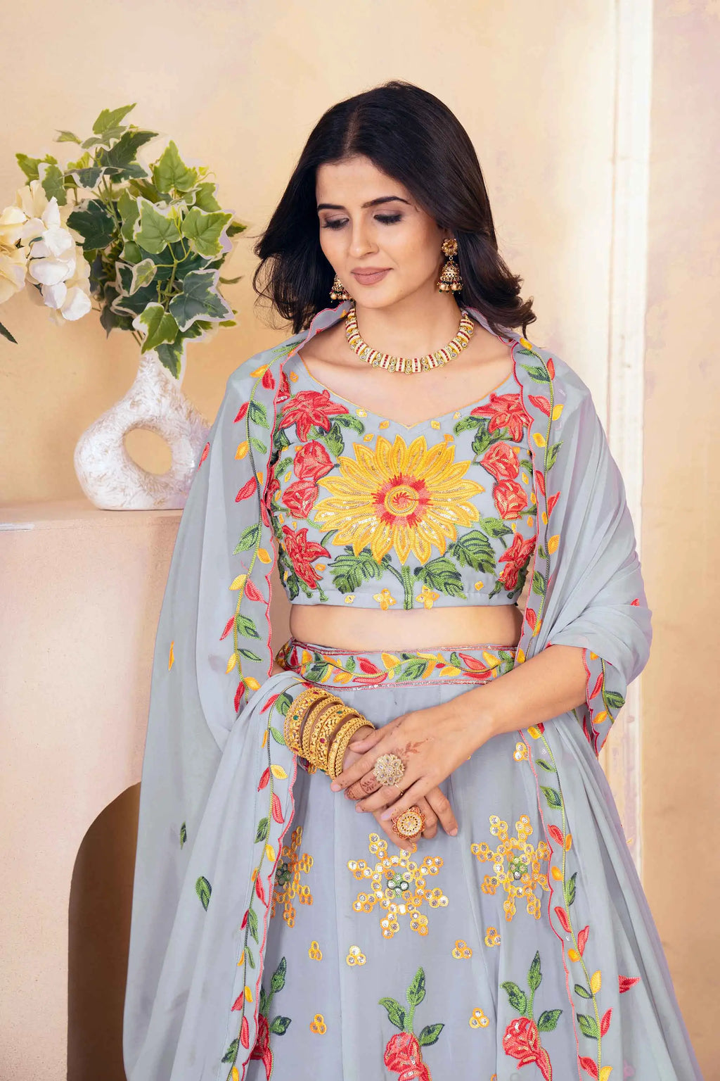 Gray  Multi Thread Embroidery Work Georgette Lehenga