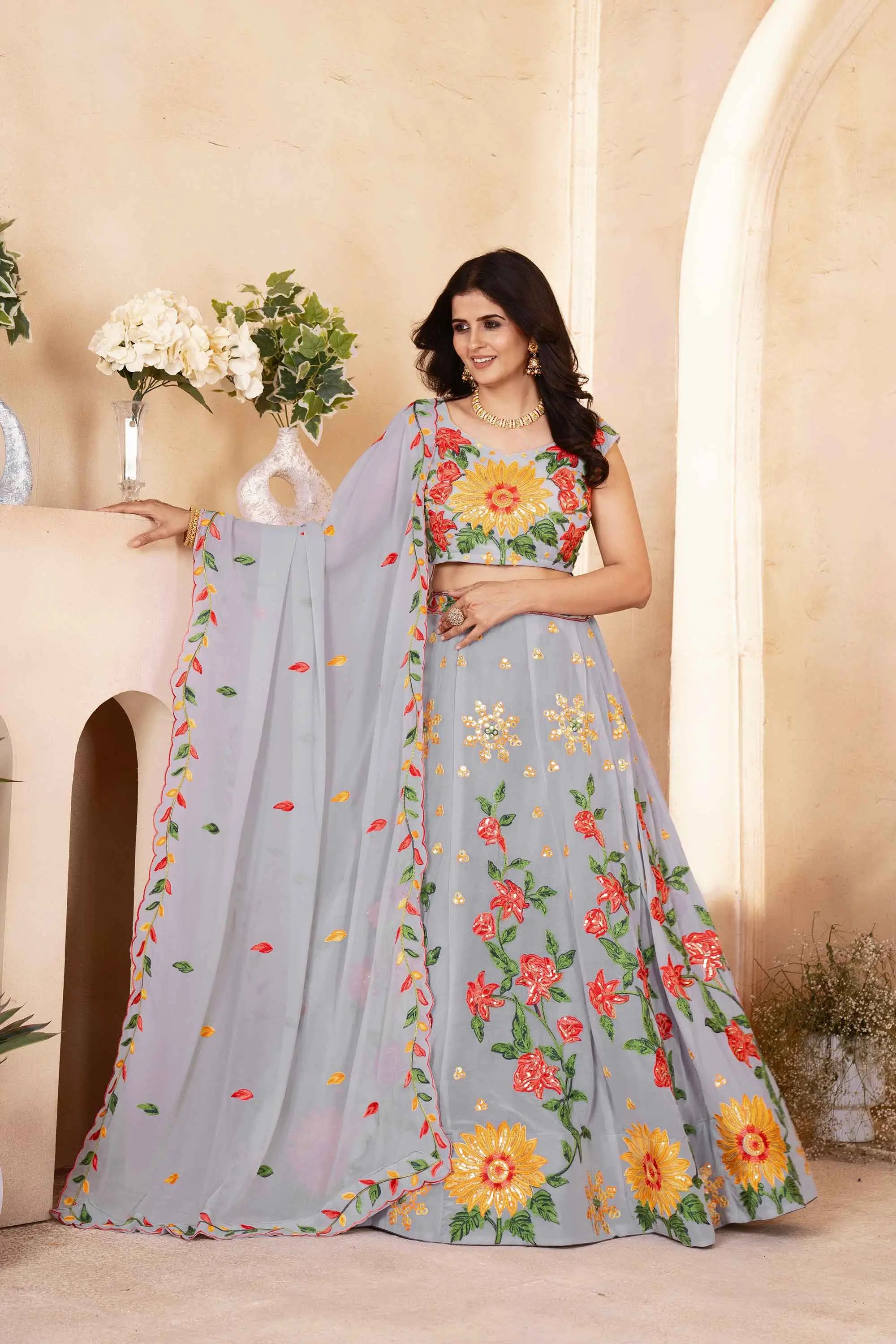 Gray  Multi Thread Embroidery Work Georgette Lehenga