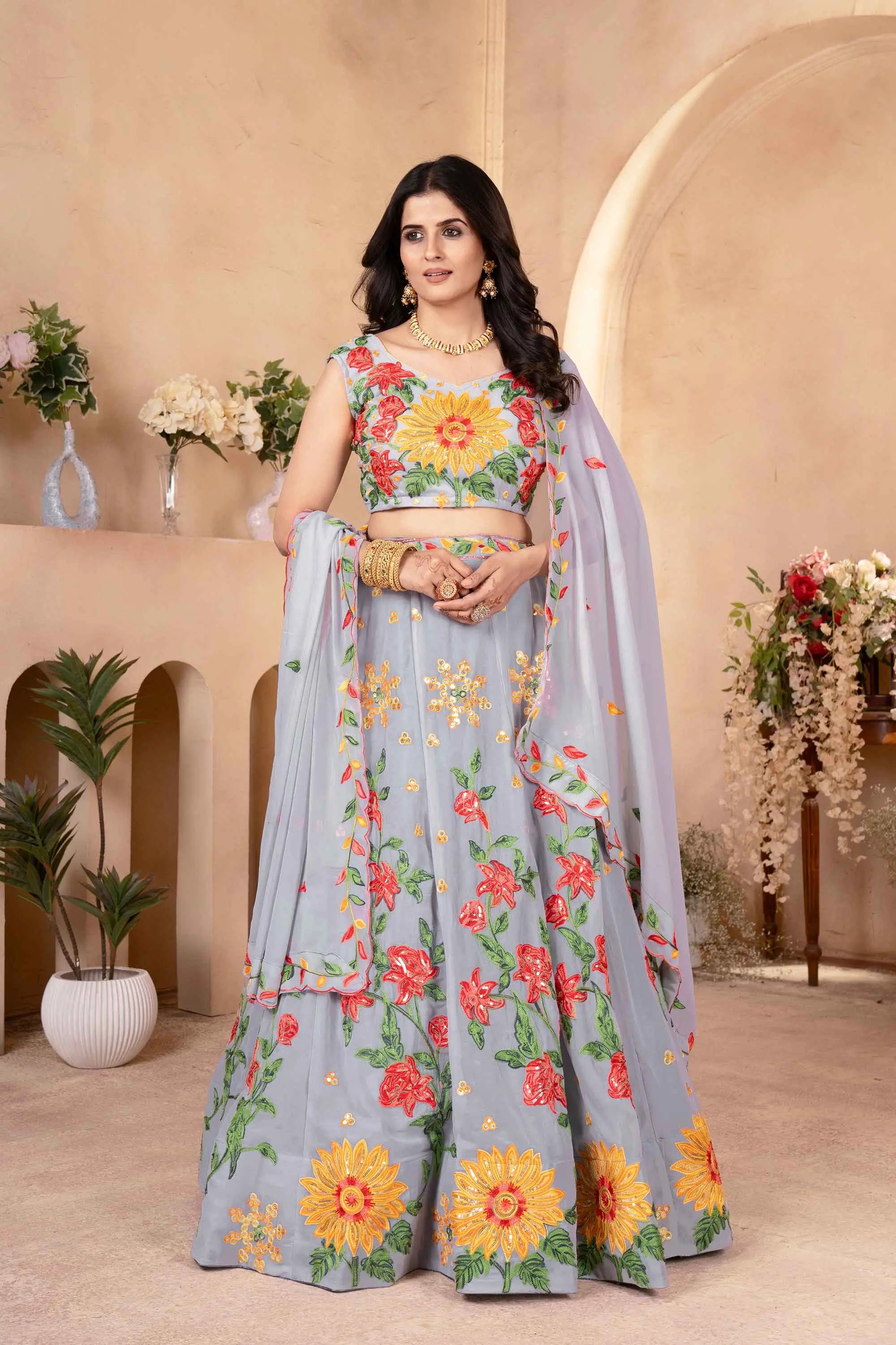 Gray  Multi Thread Embroidery Work Georgette Lehenga