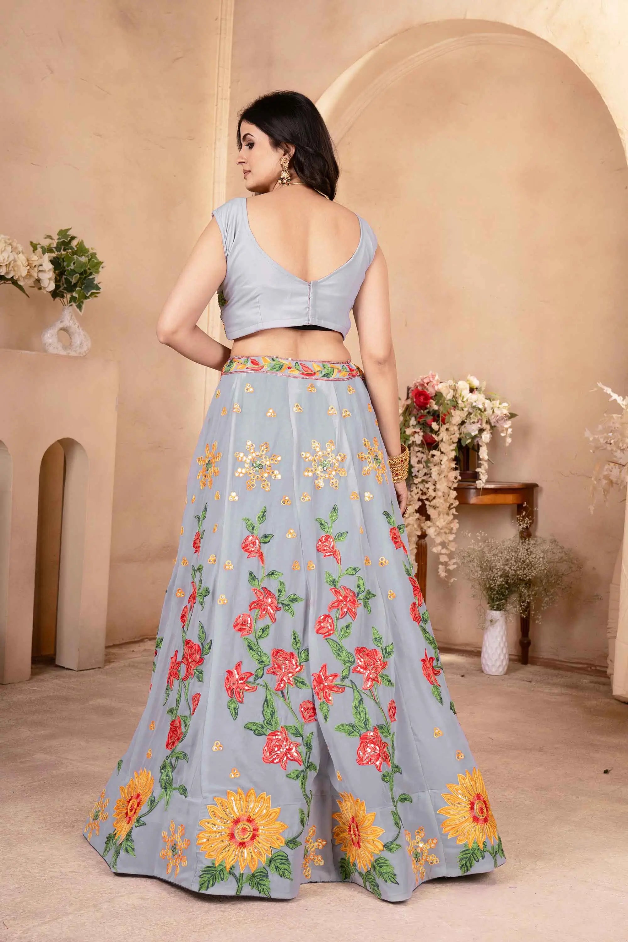 Gray  Multi Thread Embroidery Work Georgette Lehenga