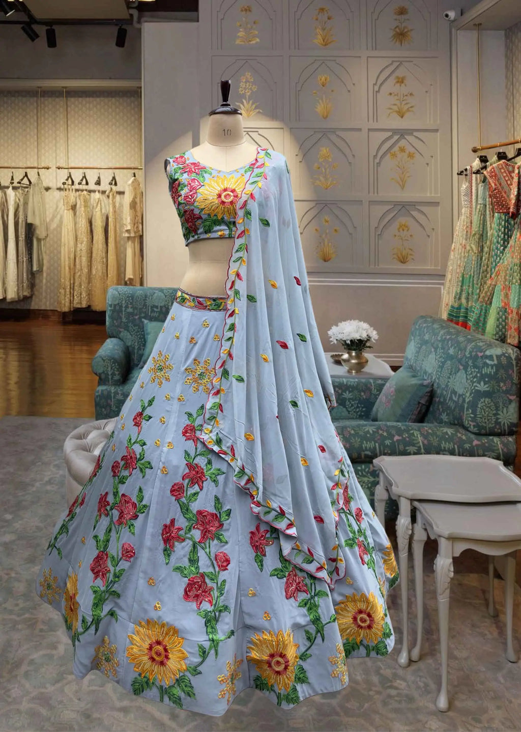 Gray  Multi Thread Embroidery Work Georgette Lehenga