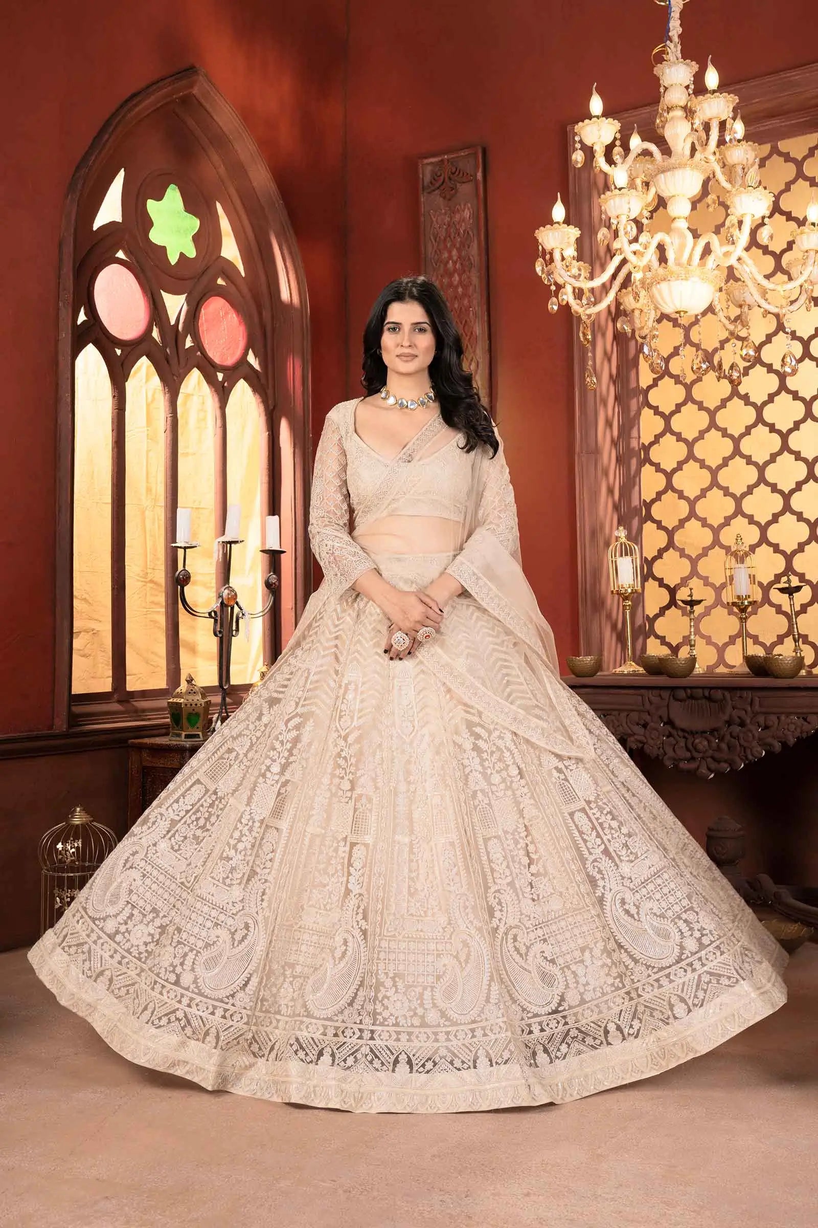 Beige Net Lehenga With Shining Thread Embroidery