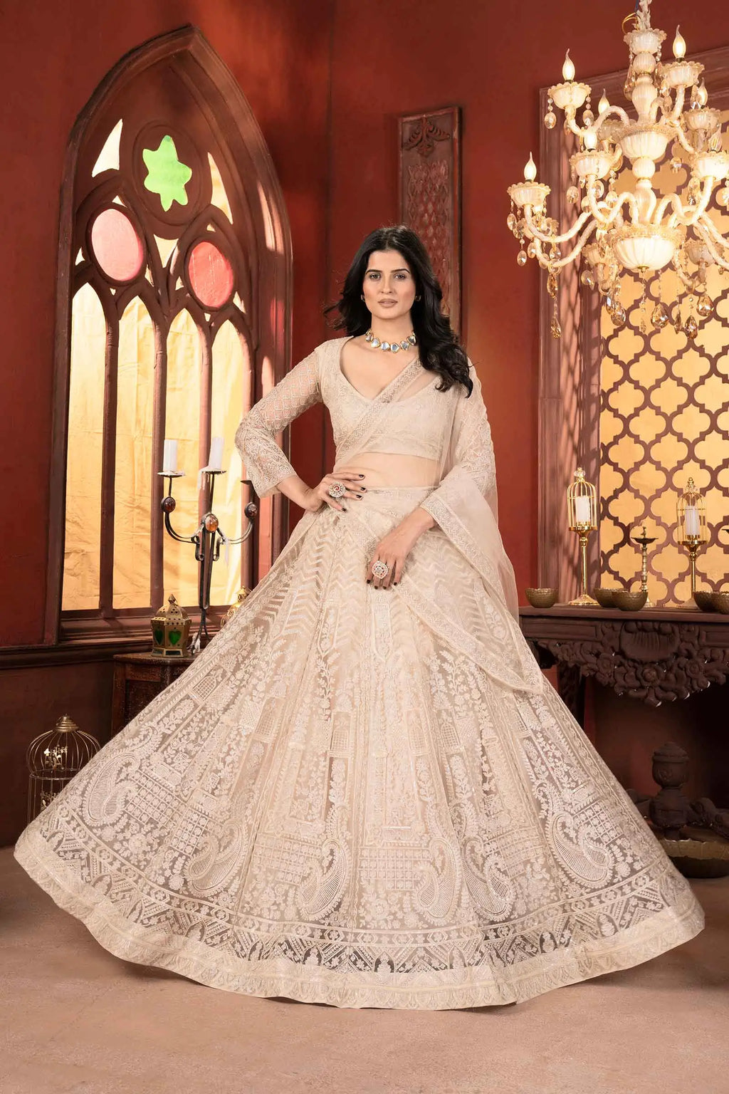 Beige Net Lehenga With Shining Thread Embroidery