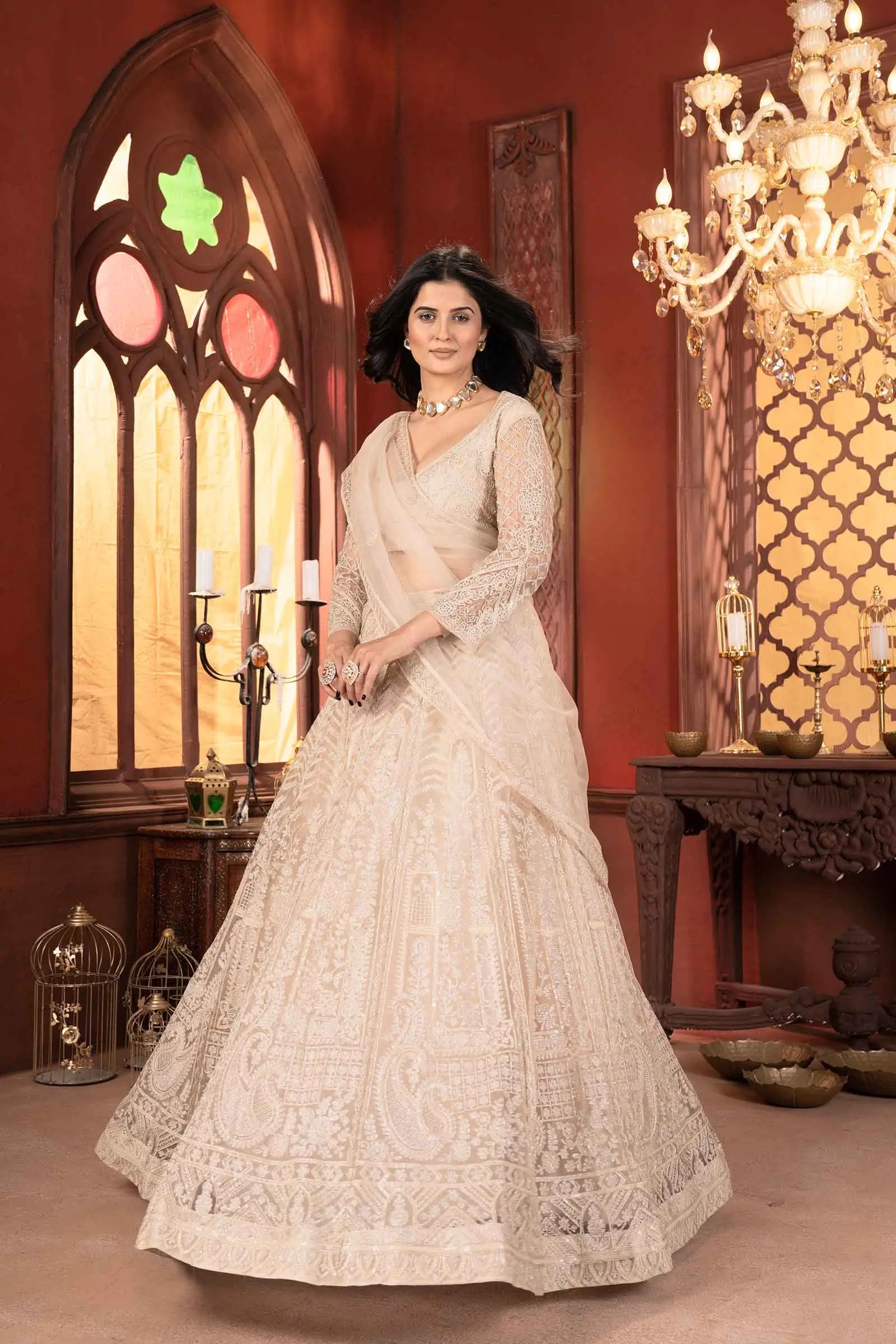 Beige Net Lehenga With Shining Thread Embroidery