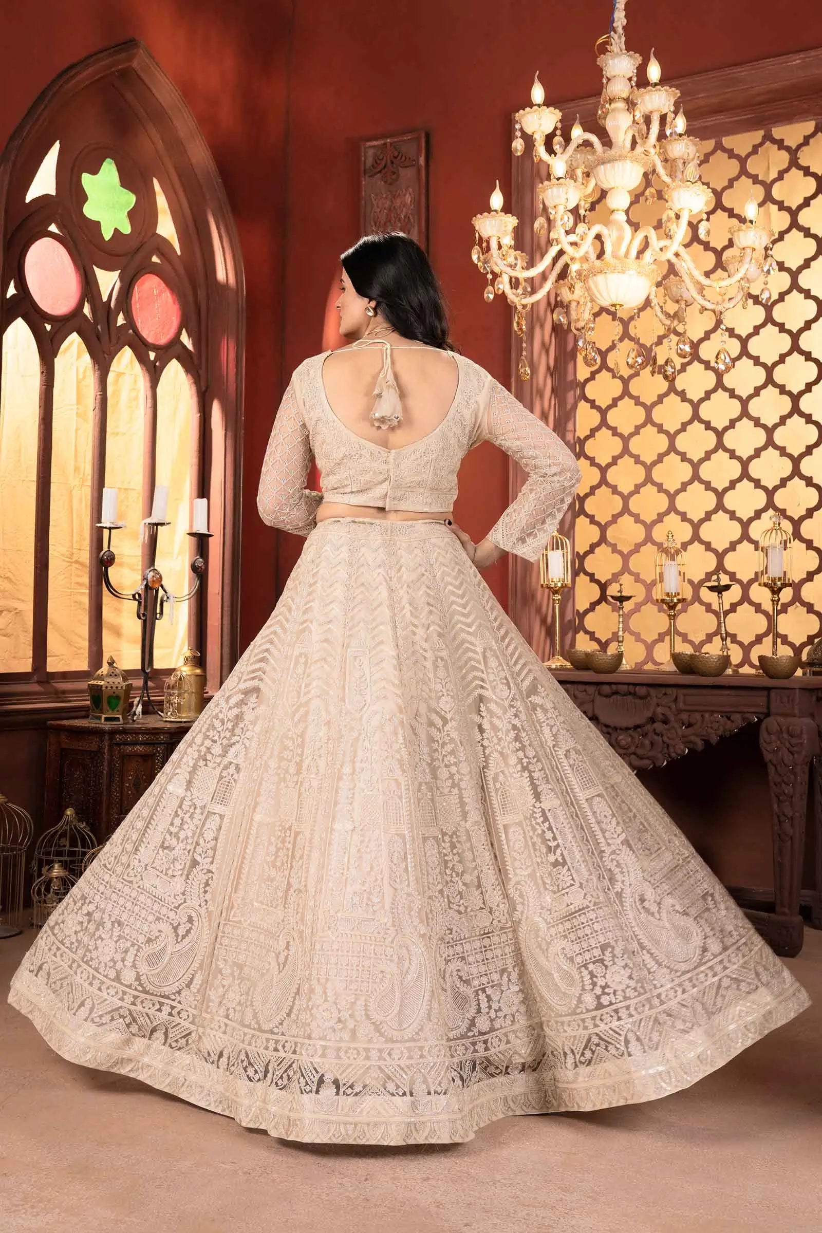 Beige Net Lehenga With Shining Thread Embroidery
