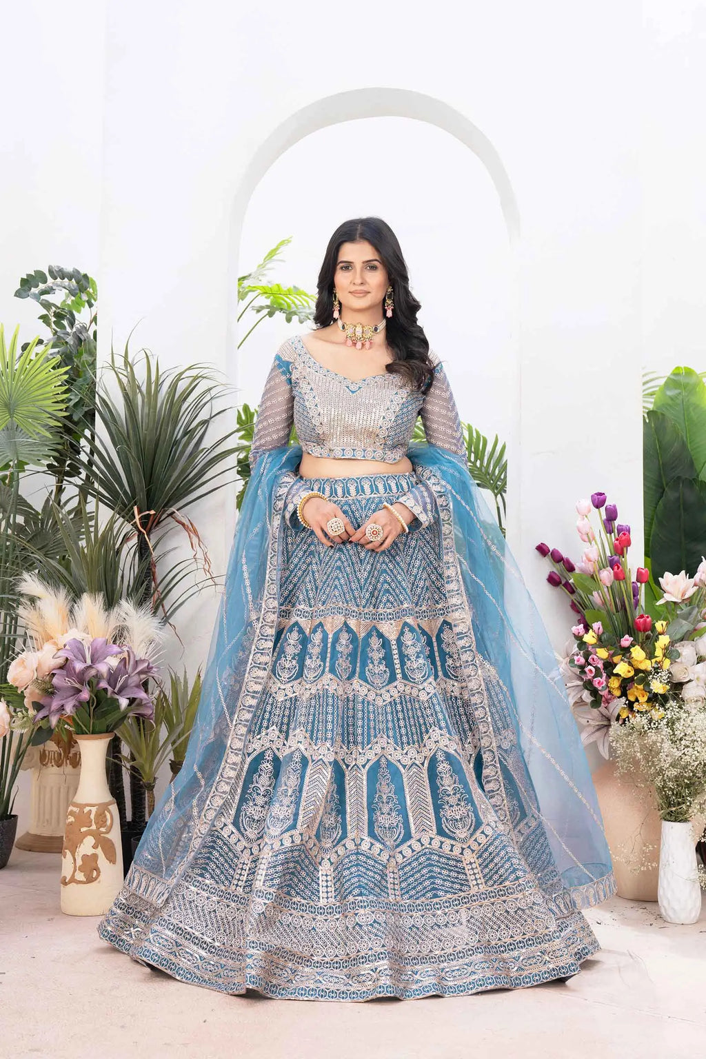 Sky Blue Net Lehenga With Shining Thread Embroidery