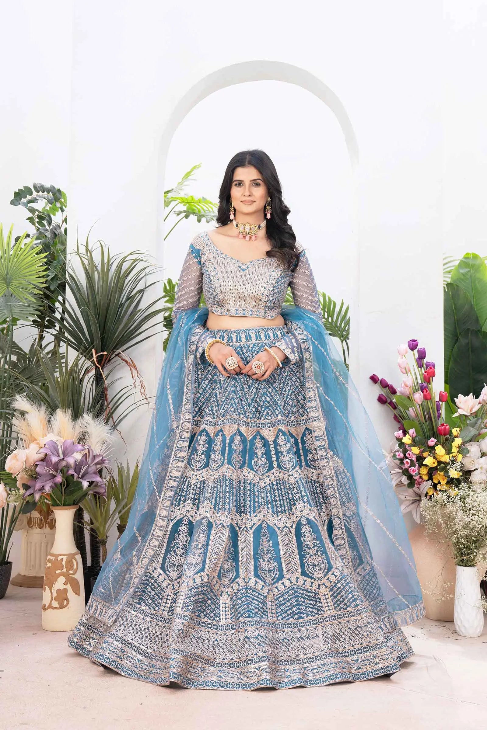 Sky Blue Net Lehenga With Shining Thread Embroidery