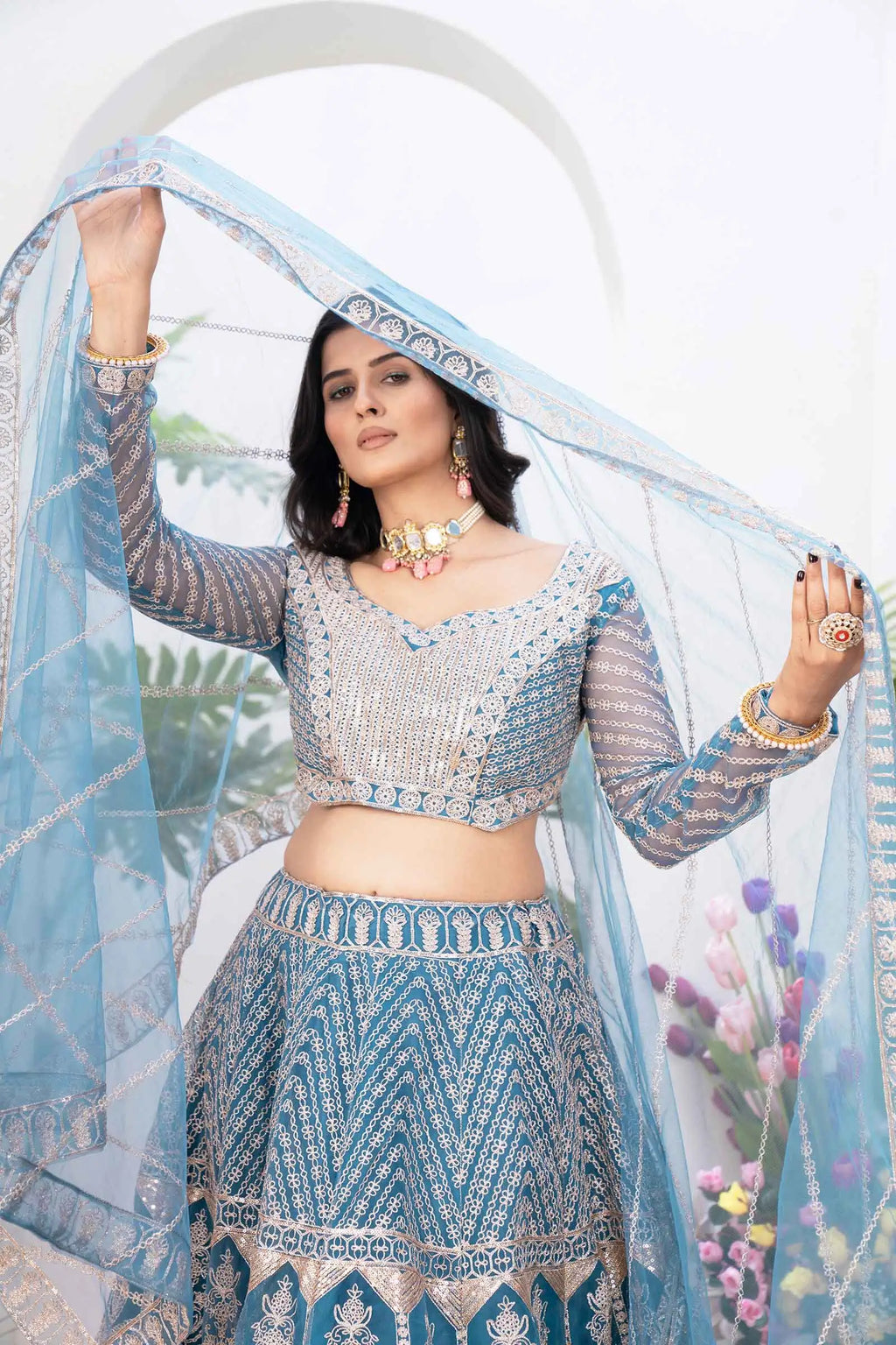 Sky Blue Net Lehenga With Shining Thread Embroidery