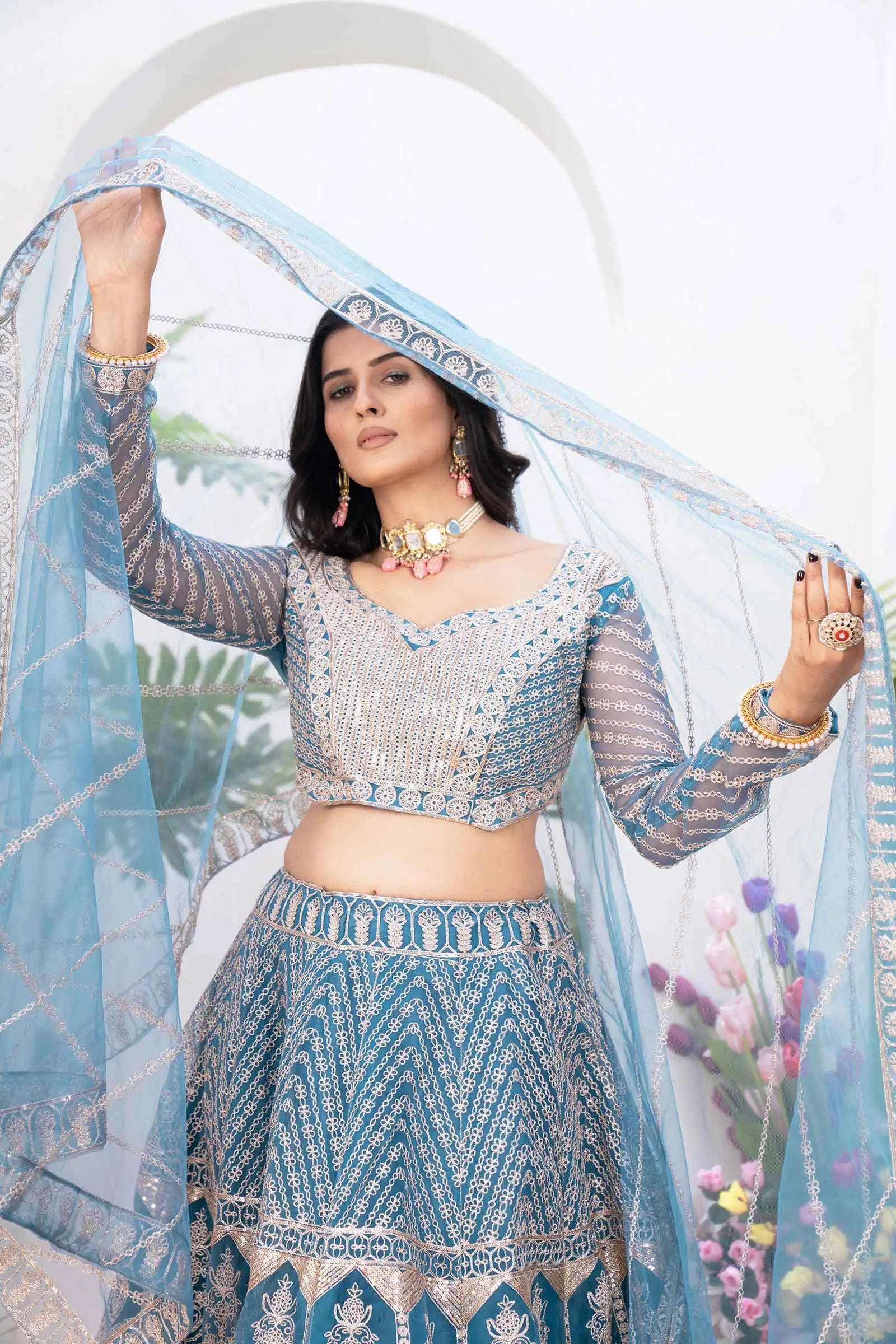 Sky Blue Net Lehenga With Shining Thread Embroidery
