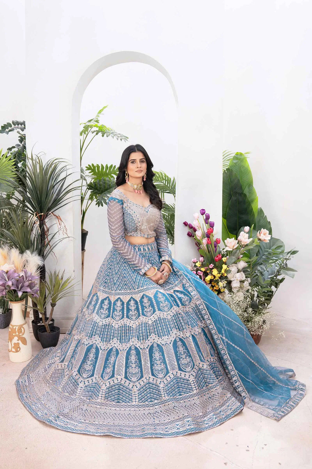 Sky Blue Net Lehenga With Shining Thread Embroidery