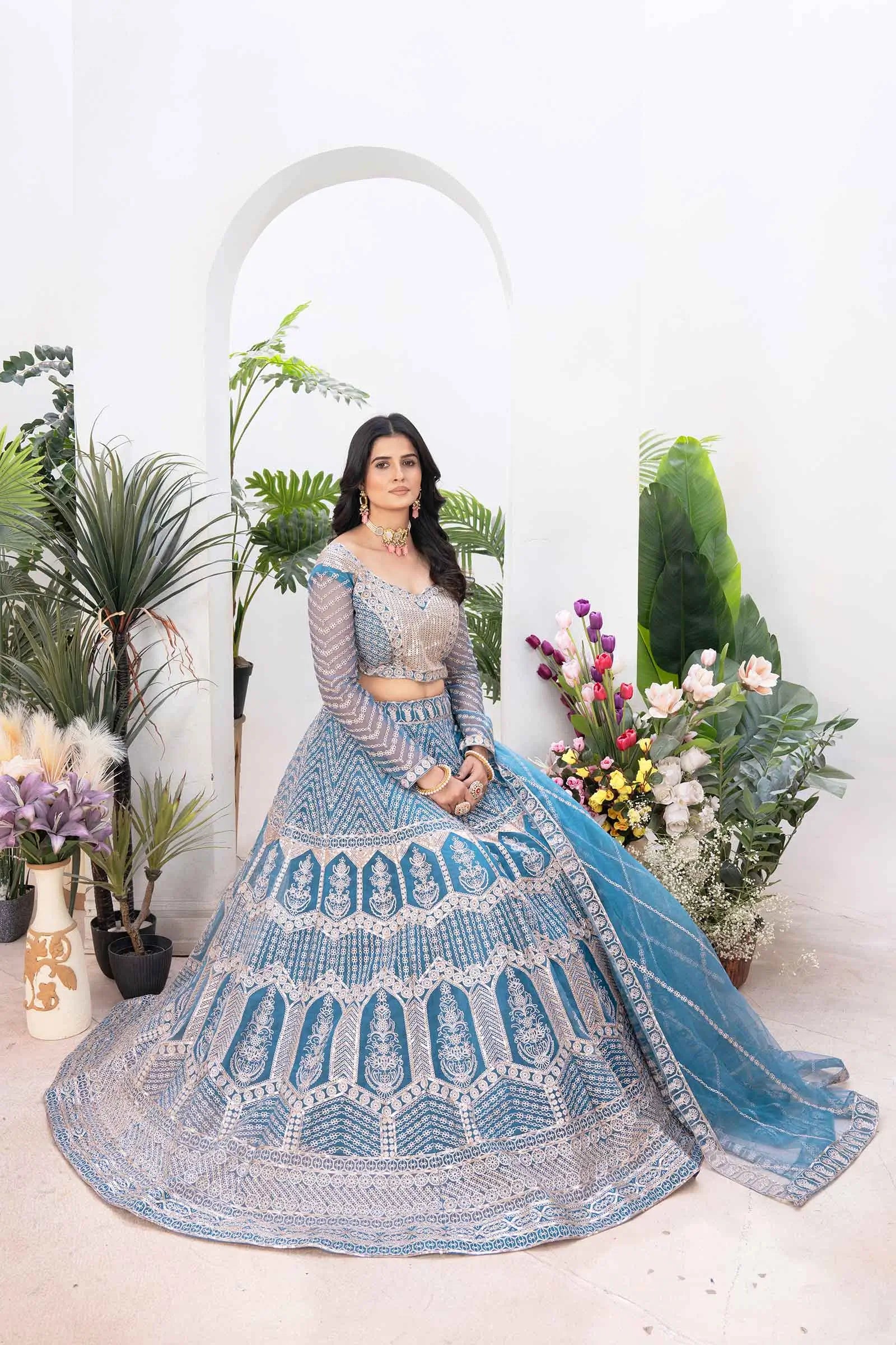 Sky Blue Net Lehenga With Shining Thread Embroidery