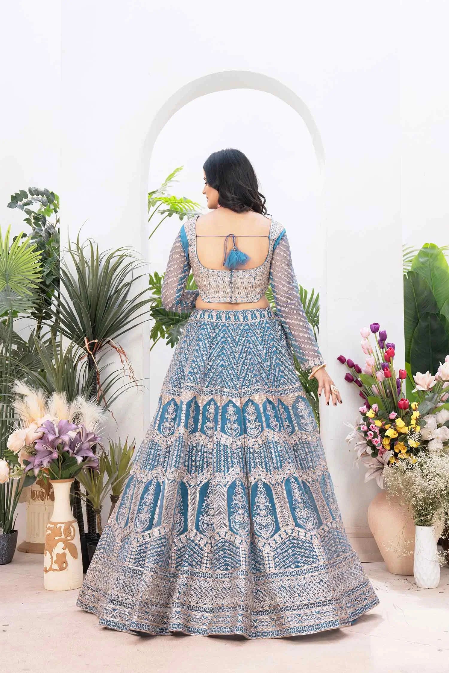 Sky Blue Net Lehenga With Shining Thread Embroidery