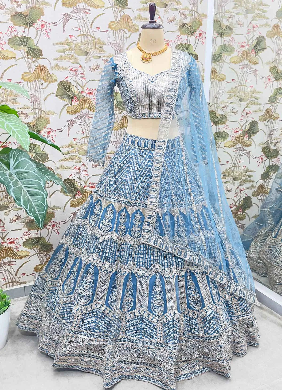 Sky Blue Net Lehenga With Shining Thread Embroidery