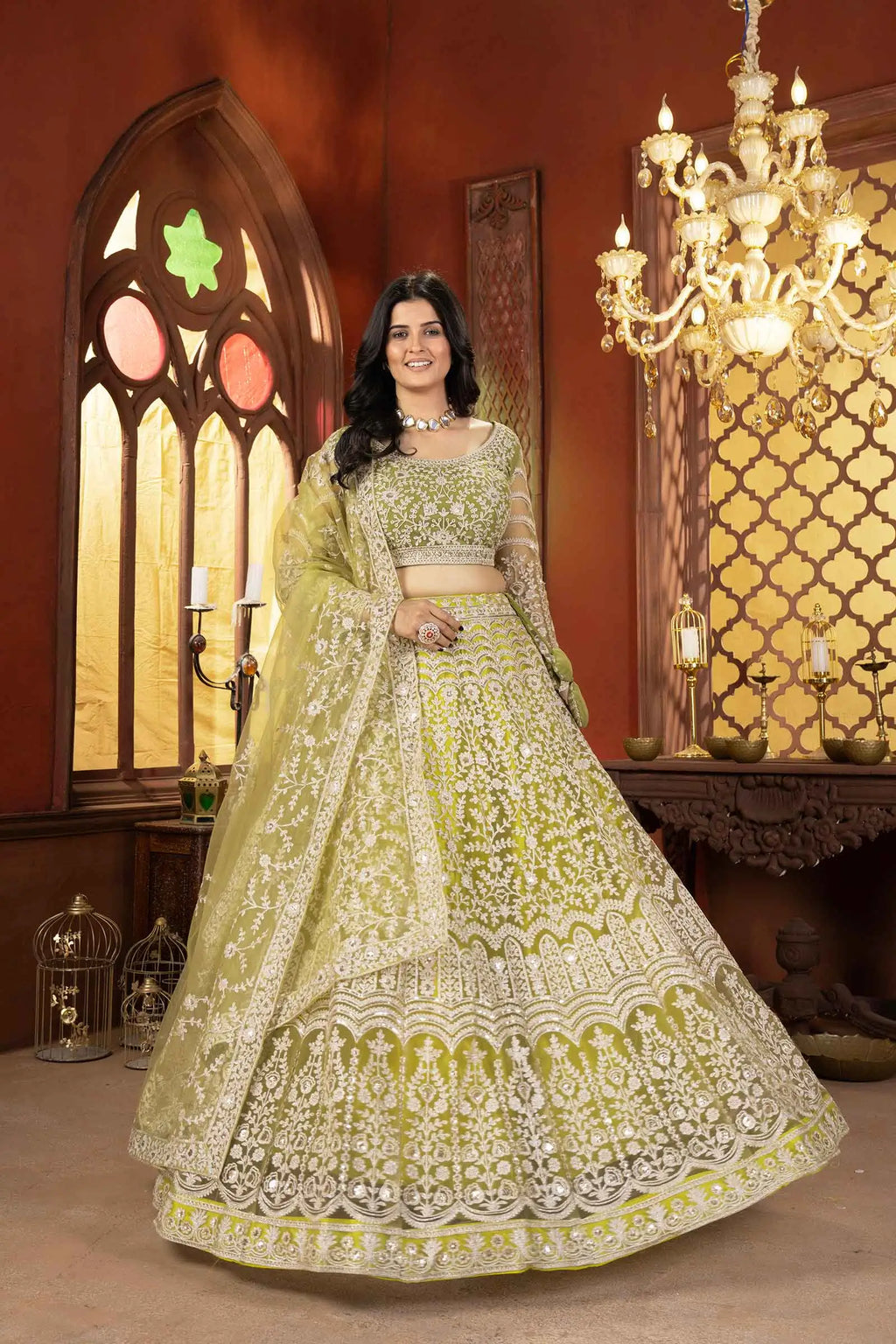 Light Olive Net Lehenga With Shining Thread Embroidery