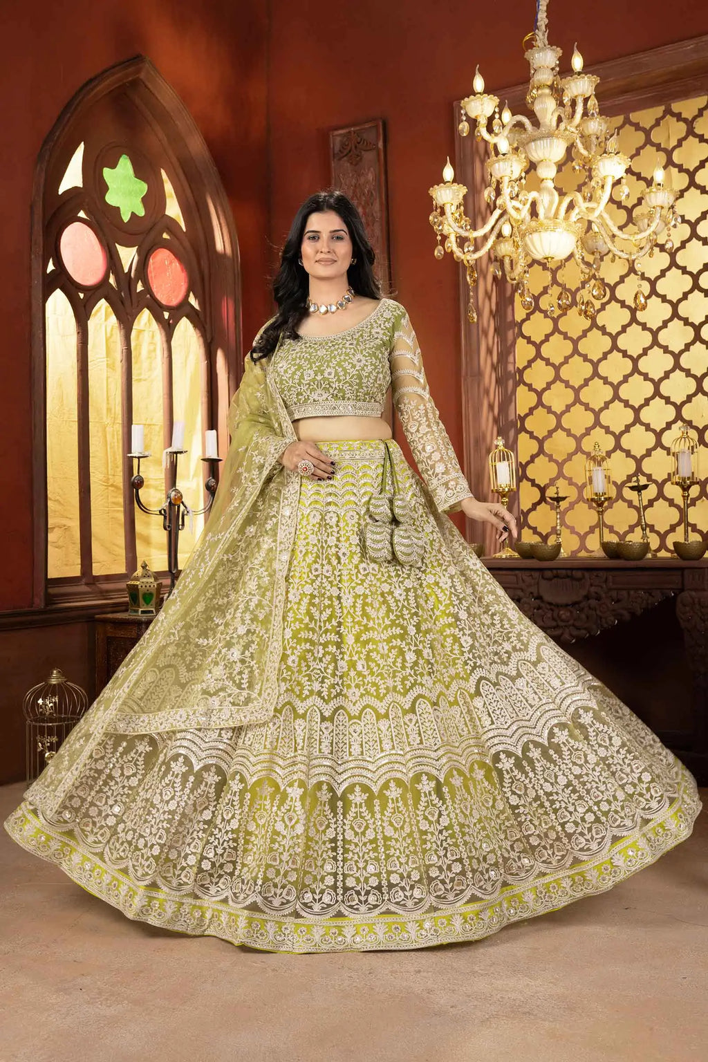 Light Olive Net Lehenga With Shining Thread Embroidery