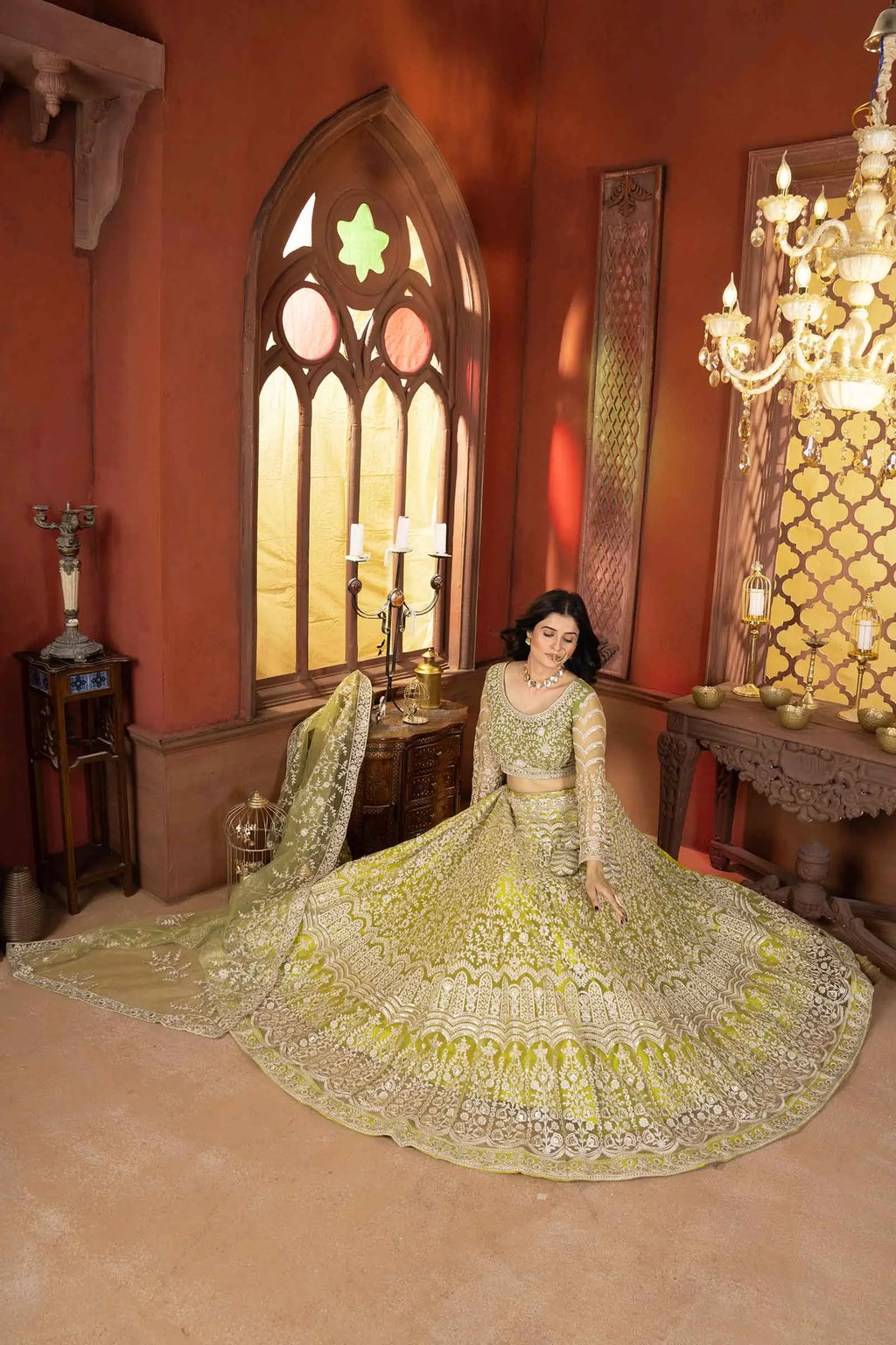 Light Olive Net Lehenga With Shining Thread Embroidery