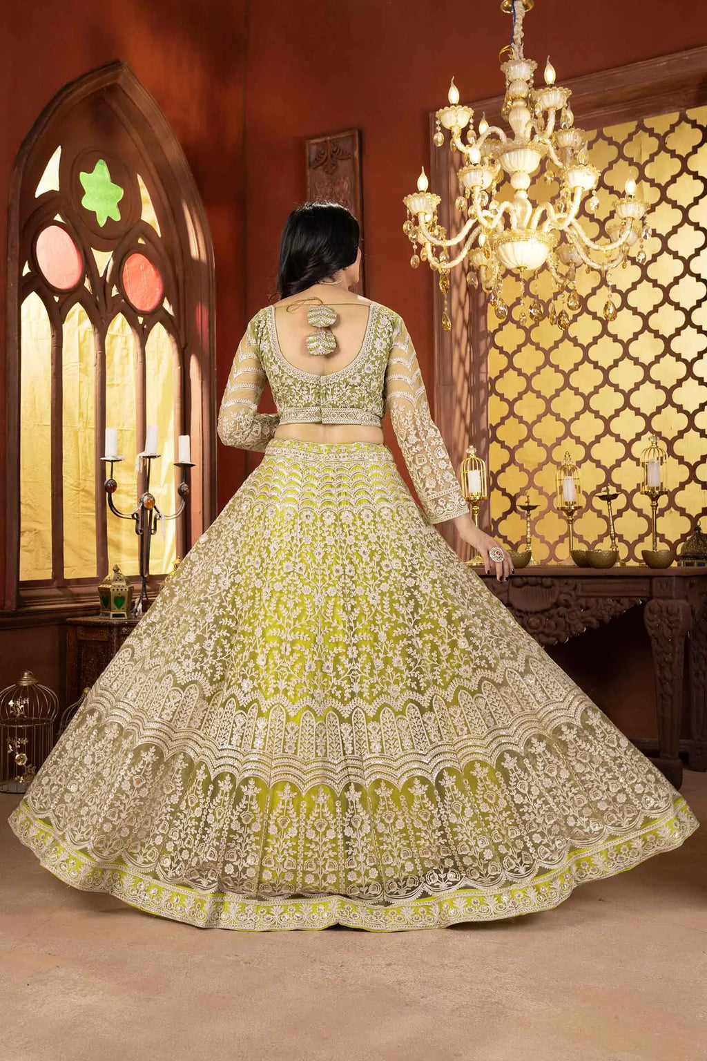 Light Olive Net Lehenga With Shining Thread Embroidery