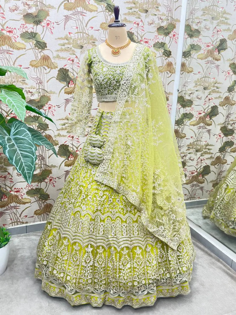 Light Olive Net Lehenga With Shining Thread Embroidery