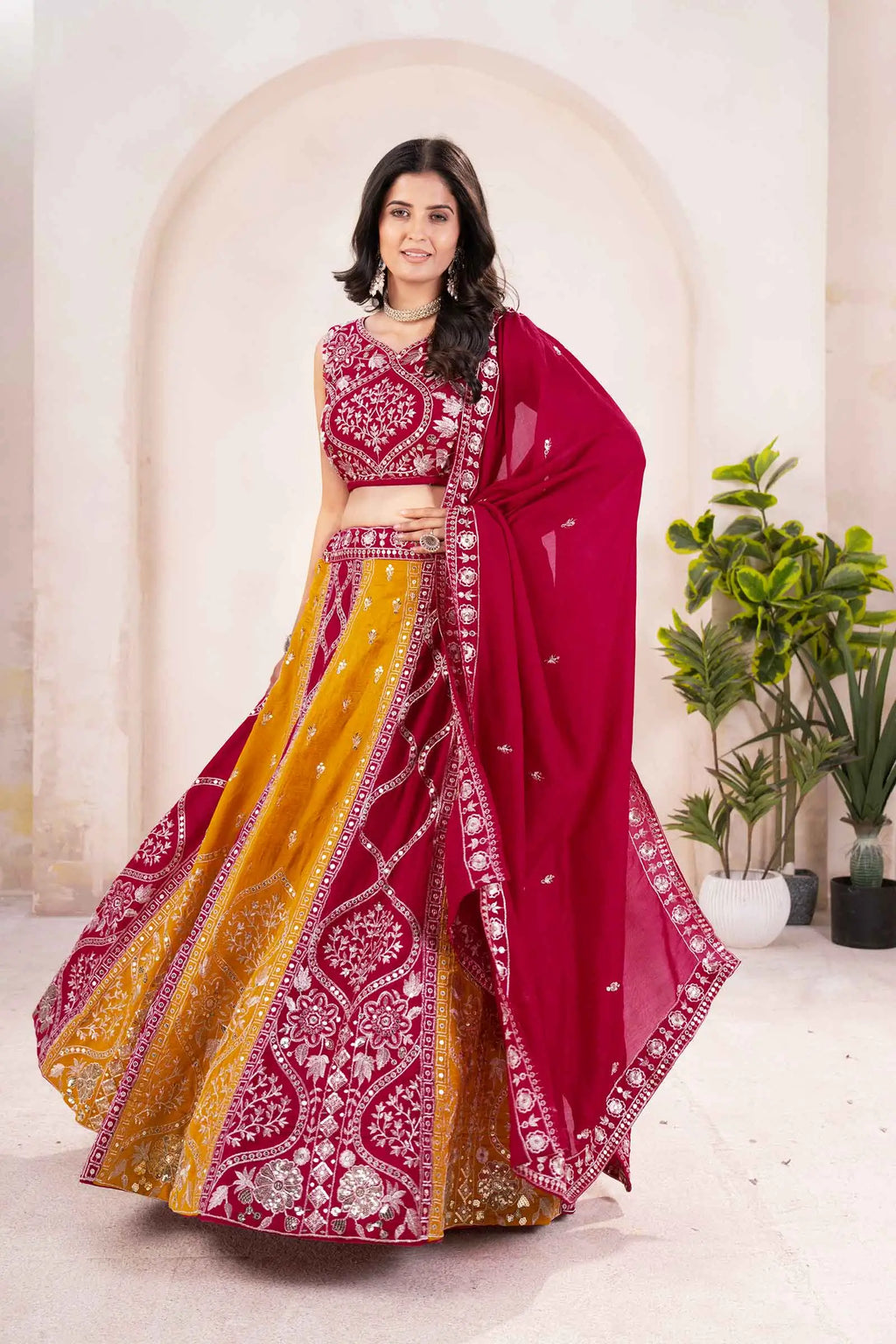 Yellow And Red Sequins Embroidery Work Lehenga Choli