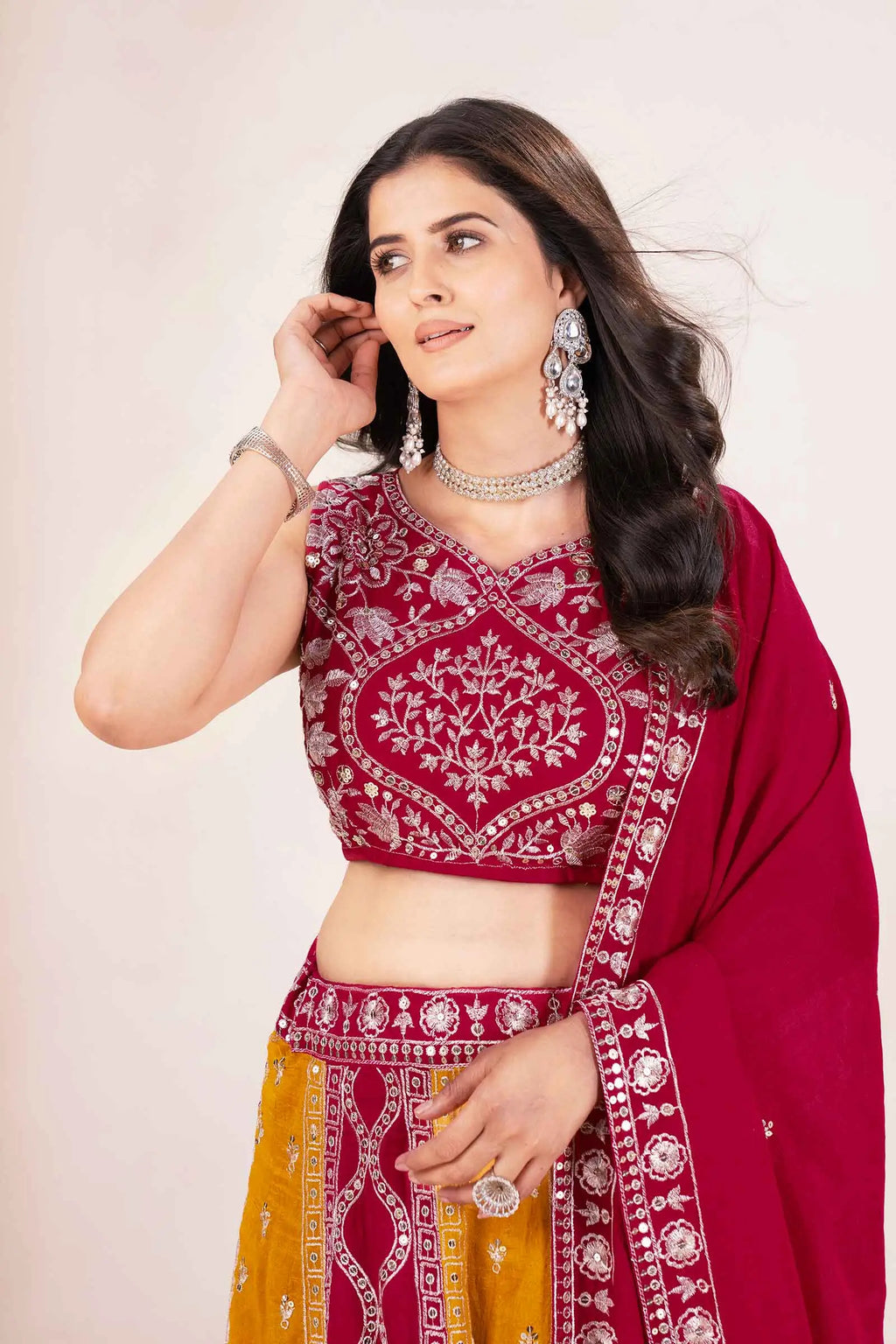 Yellow And Red Sequins Embroidery Work Lehenga Choli