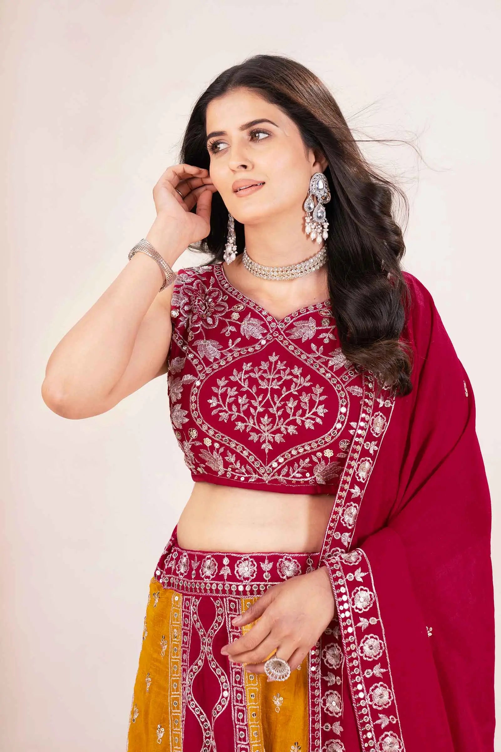Yellow And Red Sequins Embroidery Work Lehenga Choli