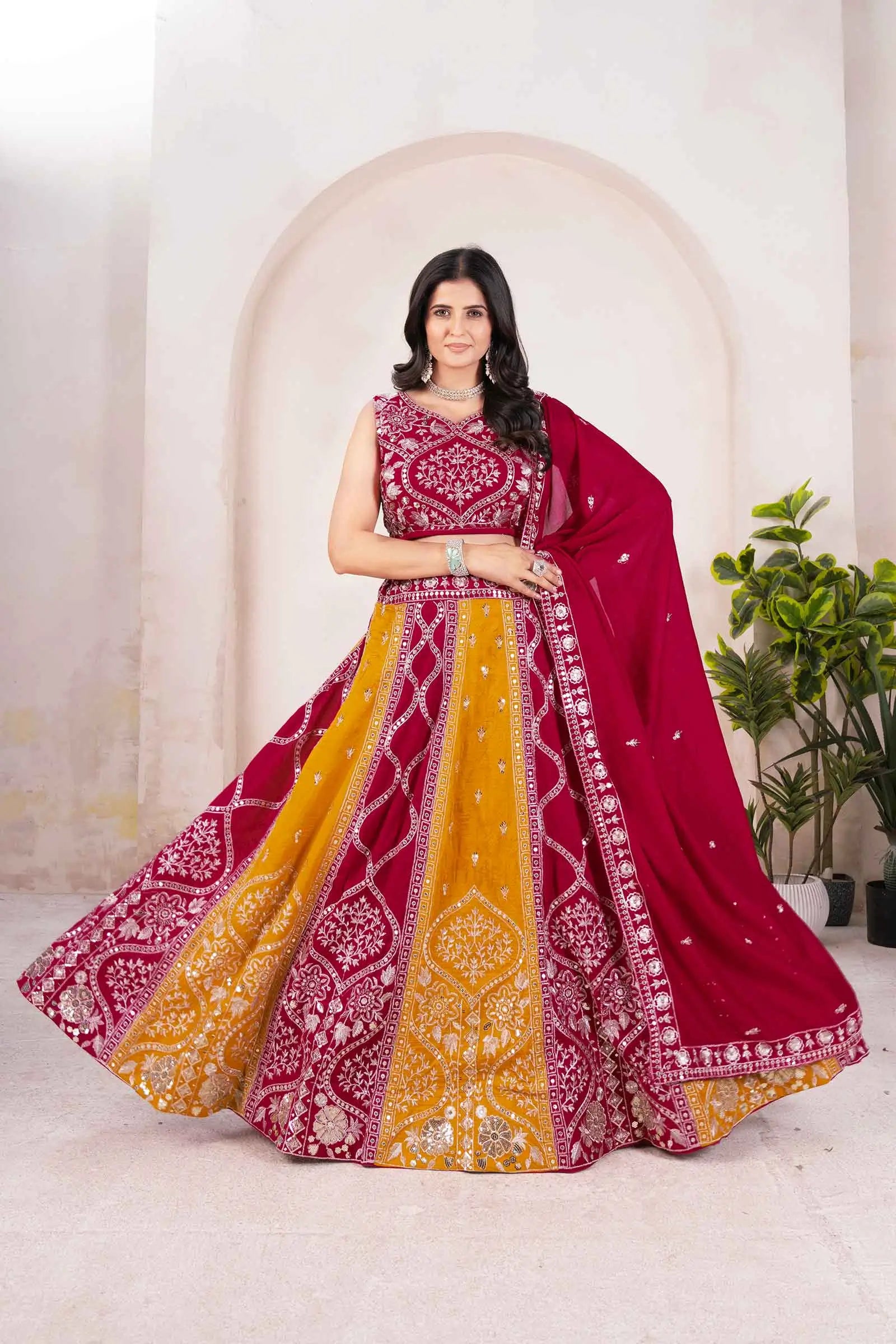Yellow And Red Sequins Embroidery Work Lehenga Choli