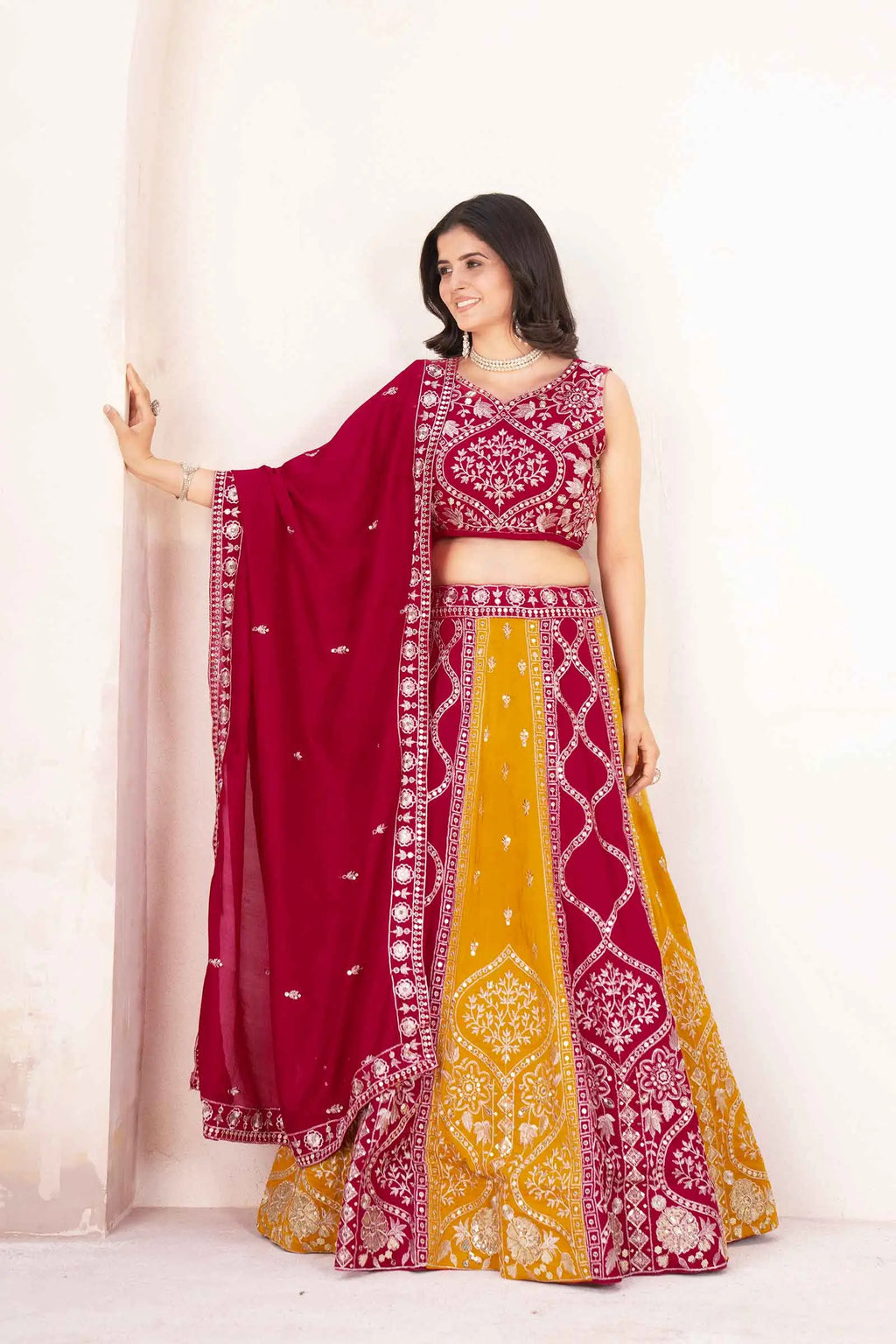 Yellow And Red Sequins Embroidery Work Lehenga Choli