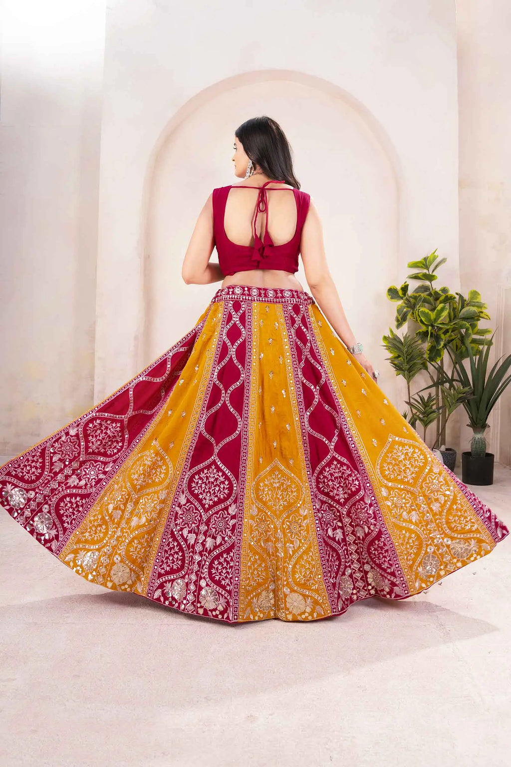 Yellow And Red Sequins Embroidery Work Lehenga Choli