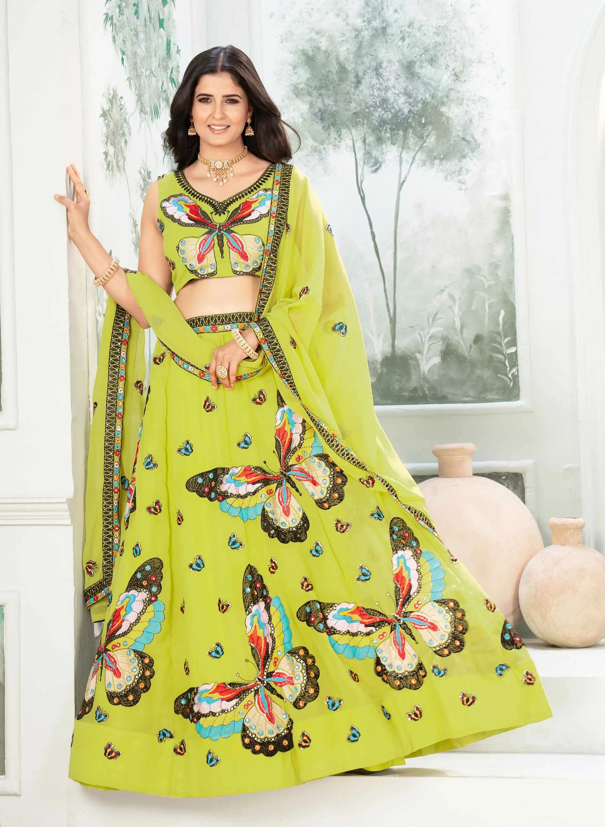 Neon Multi Thread Sequins Embroidery Work Lehenga Choli