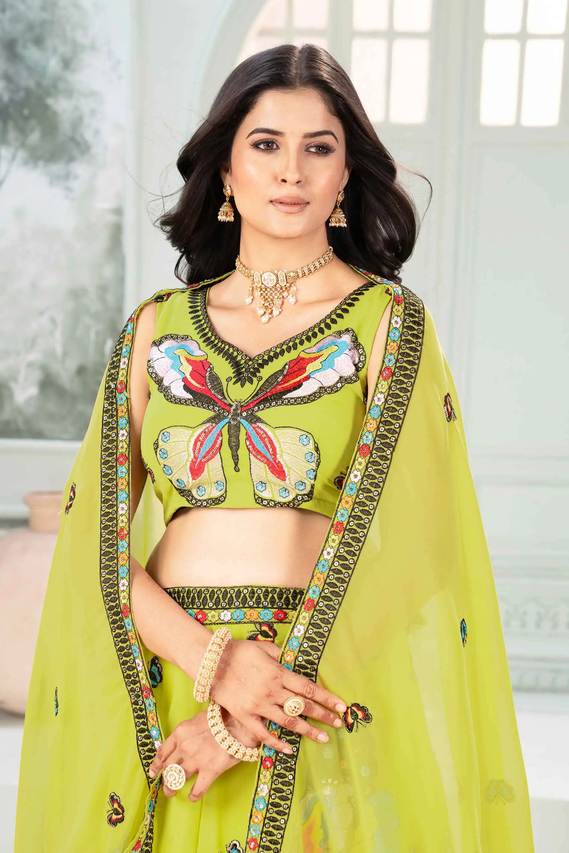 Neon Multi Thread Sequins Embroidery Work Lehenga Choli