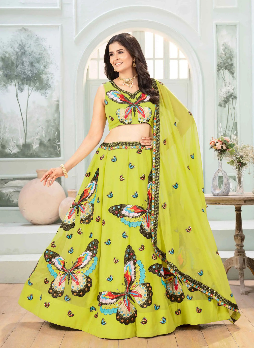 Neon Multi Thread Sequins Embroidery Work Lehenga Choli