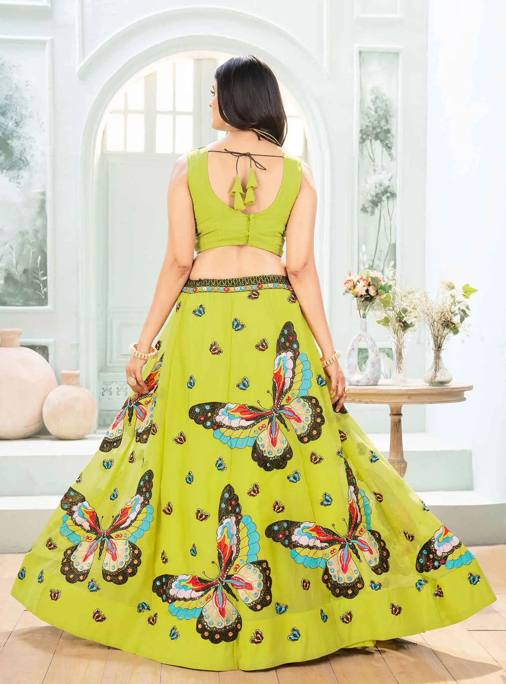 Neon Multi Thread Sequins Embroidery Work Lehenga Choli