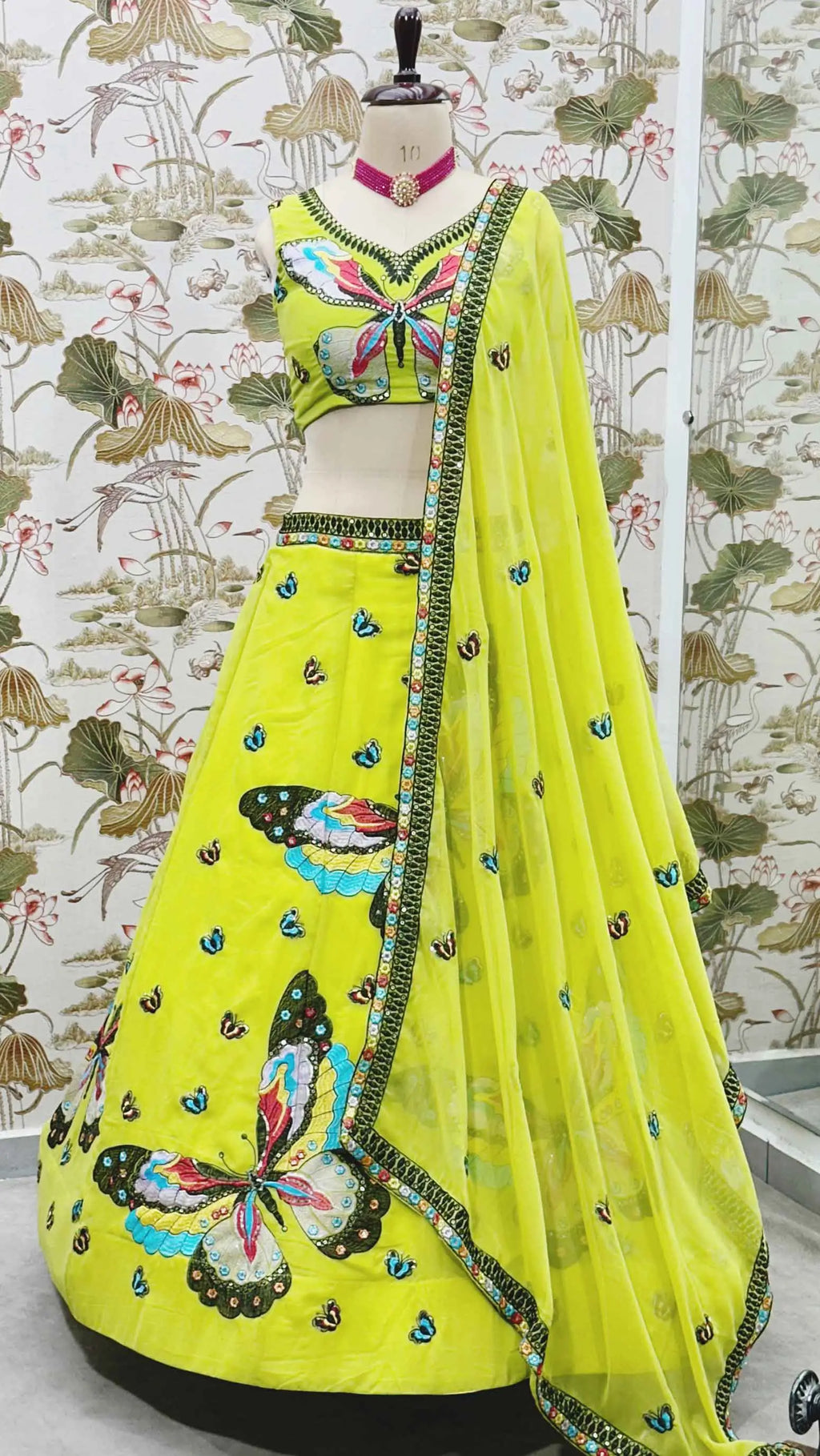 Neon Multi Thread Sequins Embroidery Work Lehenga Choli