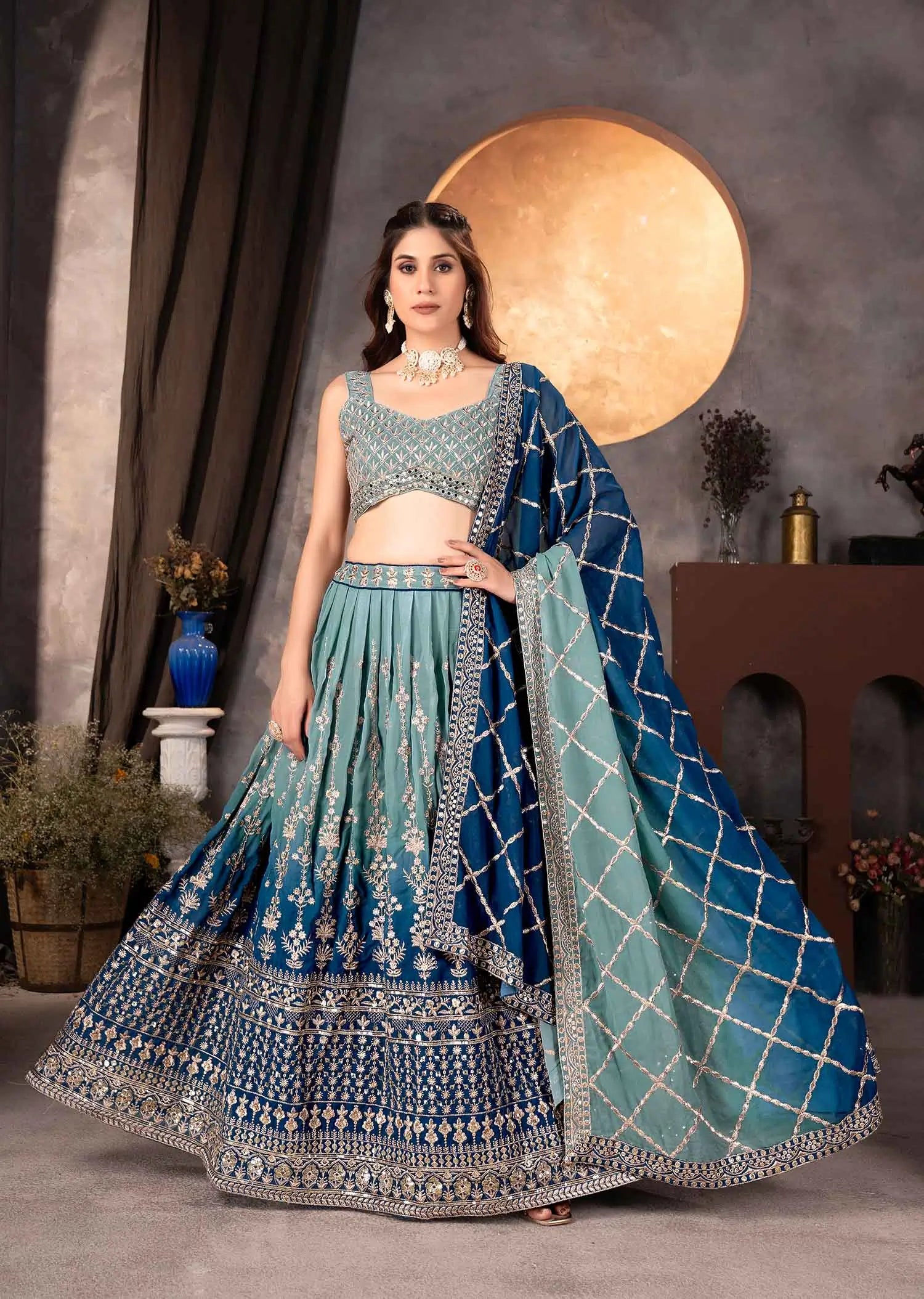 Light Dark Blue Georgette Lehenga With Sequins Embroidery