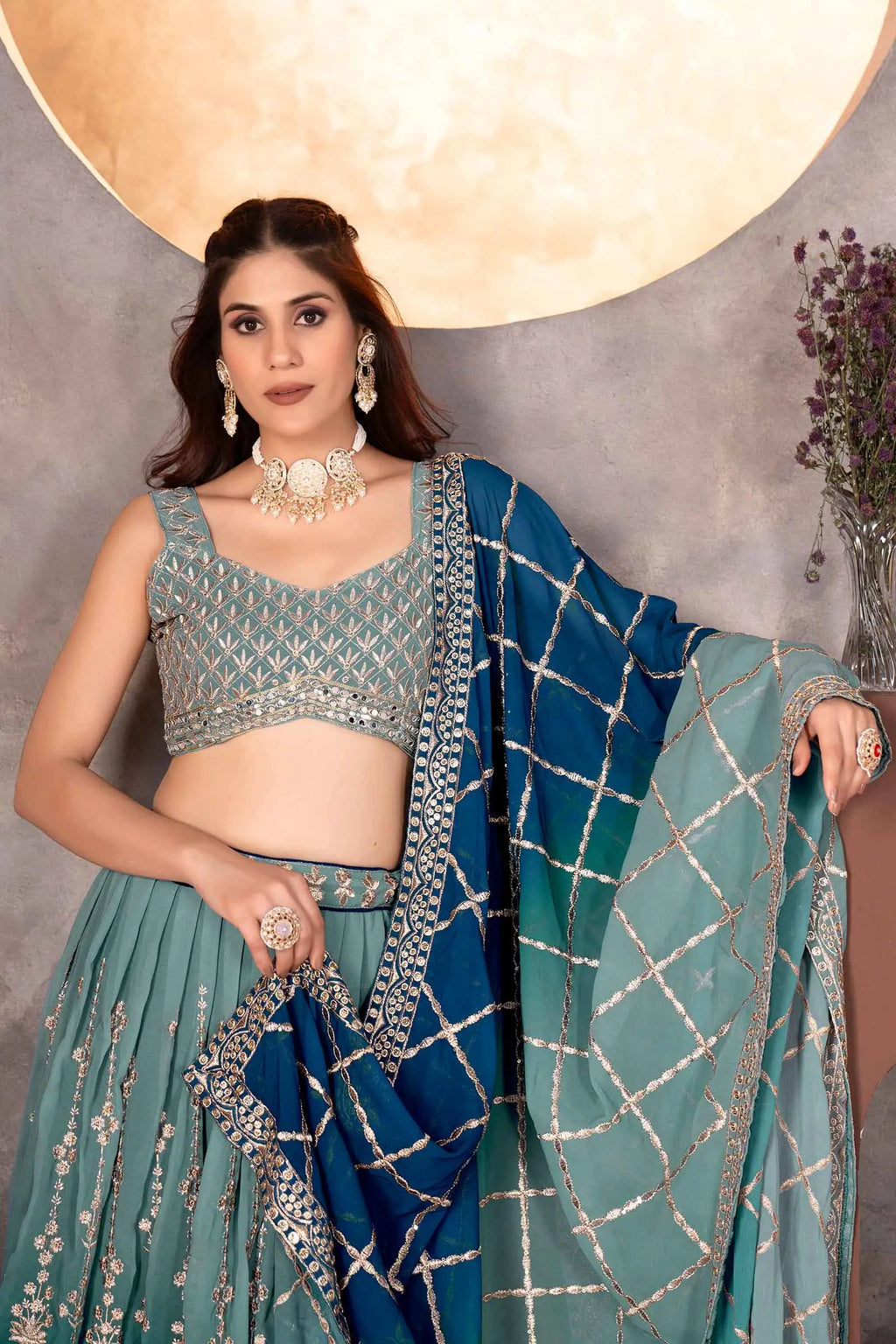 Light Dark Blue Georgette Lehenga With Sequins Embroidery