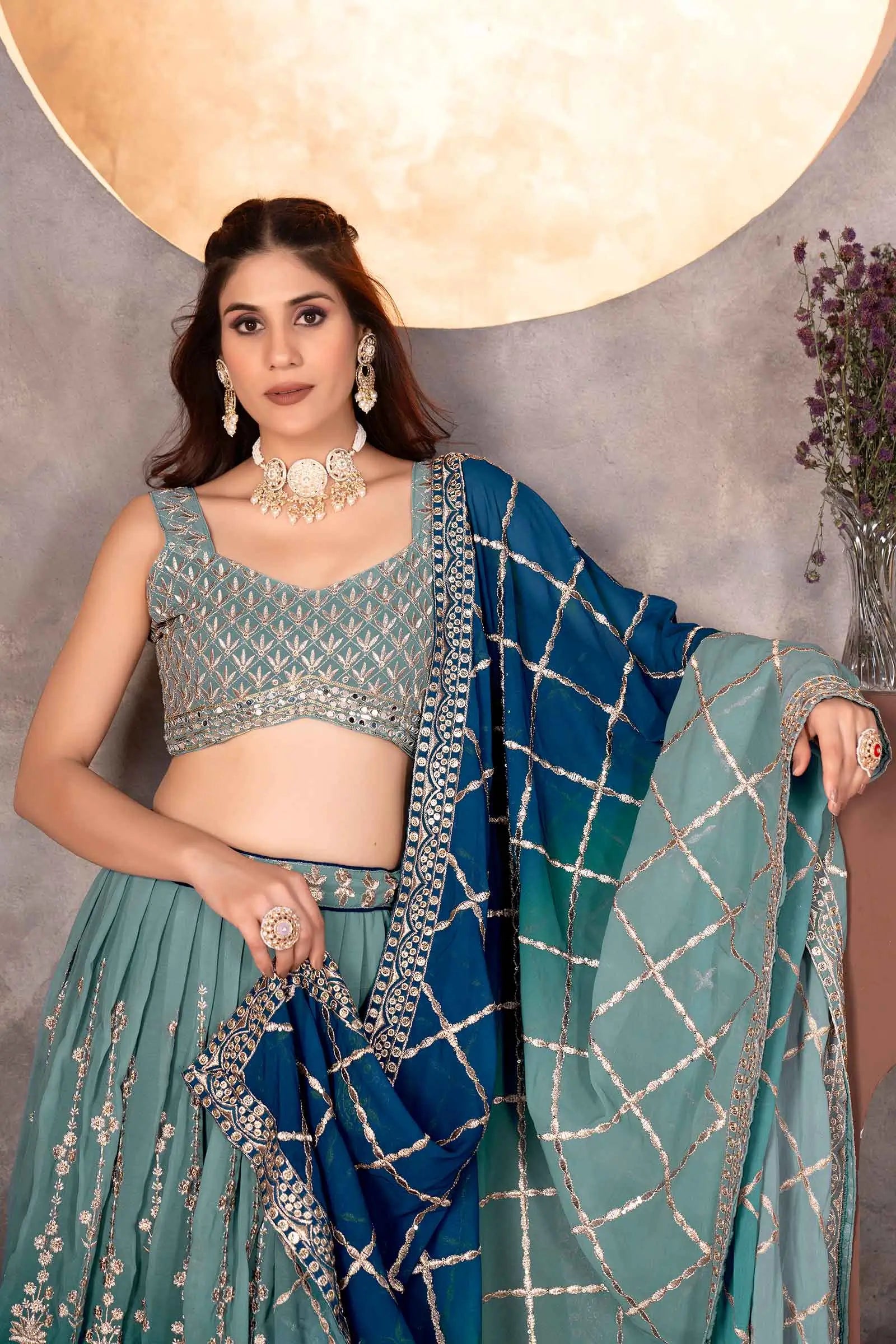 Light Dark Blue Georgette Lehenga With Sequins Embroidery