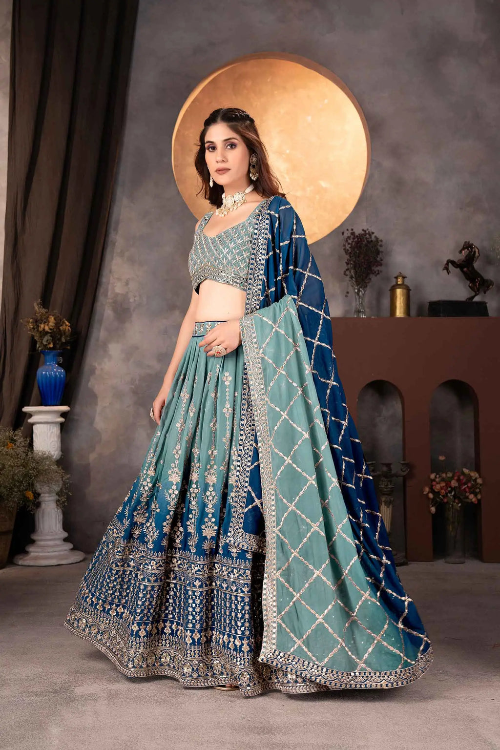 Light Dark Blue Georgette Lehenga With Sequins Embroidery