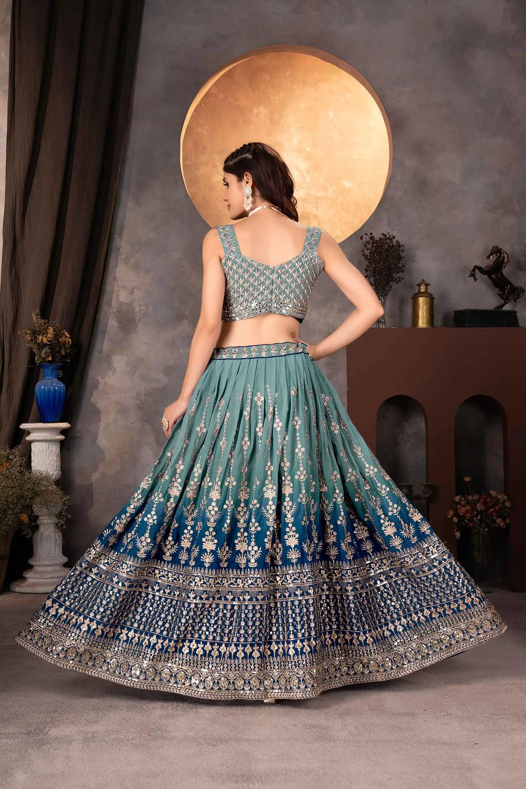 Light Dark Blue Georgette Lehenga With Sequins Embroidery
