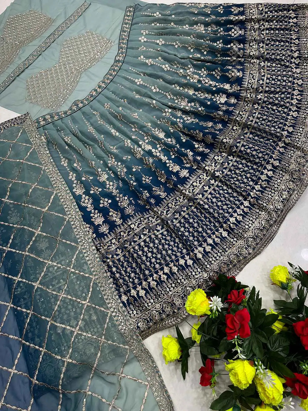 Light Dark Blue Georgette Lehenga With Sequins Embroidery
