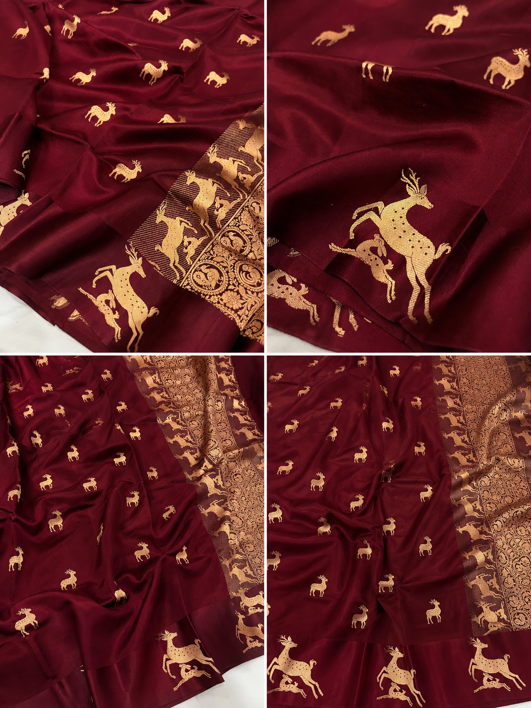 Plum Banarasi Handloom Mashru Silk Saree featuring authentic Kaduwa weaving, intricate gold zari deer and animal motifs, a rich traditional Banarasi pallu, Silk Mark Certified pure silk, dyeable to your choice of colors, and a matching running blouse piece, perfect for weddings and festive occasions.