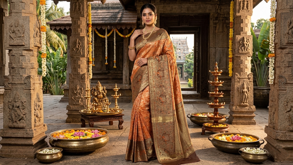 Orange Kanchipuram handloom 1G tissue silk saree with intricate meenakari brocade work and metallic zari borders, styled for a traditional South Indian wedding.