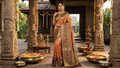 Orange Kanchipuram handloom 1G tissue silk saree with intricate meenakari brocade work and metallic zari borders, styled for a traditional South Indian wedding.