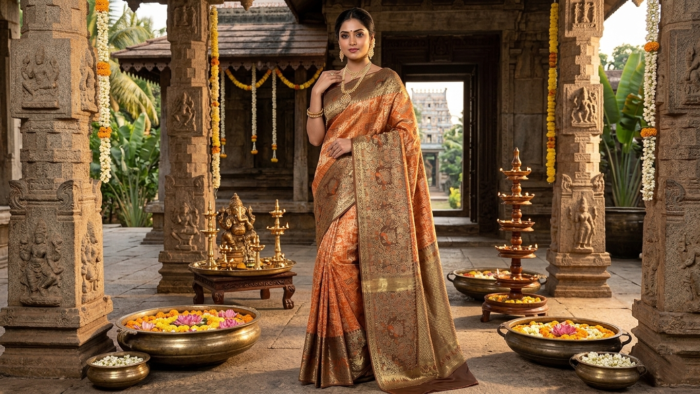 Orange Kanchipuram handloom 1G tissue silk saree with intricate meenakari brocade work and metallic zari borders, styled for a traditional South Indian wedding.
