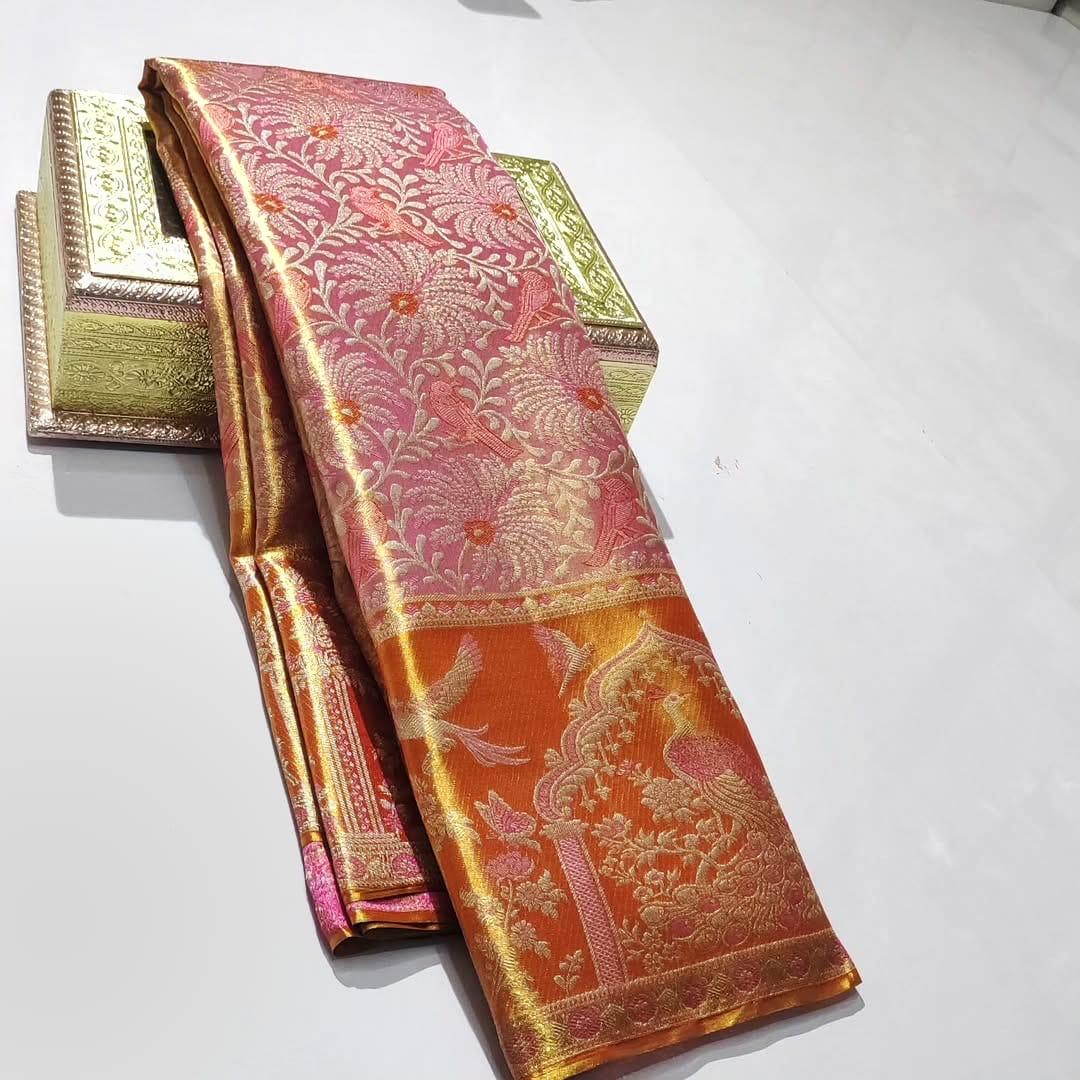 Coral Kanchipuram Handloom Tissue Meenakari Kalanjali Theega Silk Saree