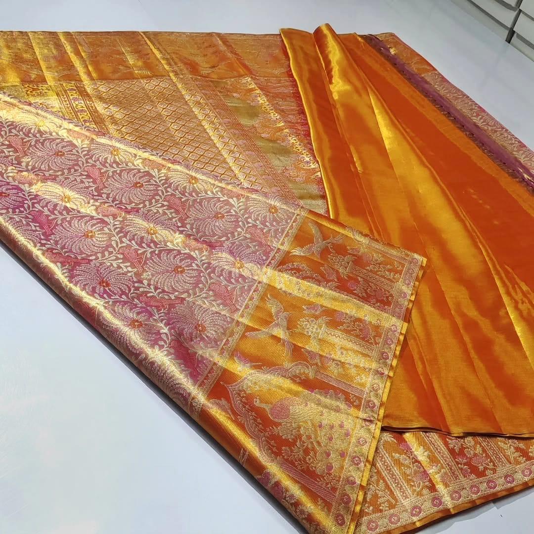Coral Kanchipuram Handloom Tissue Meenakari Kalanjali Theega Silk Saree