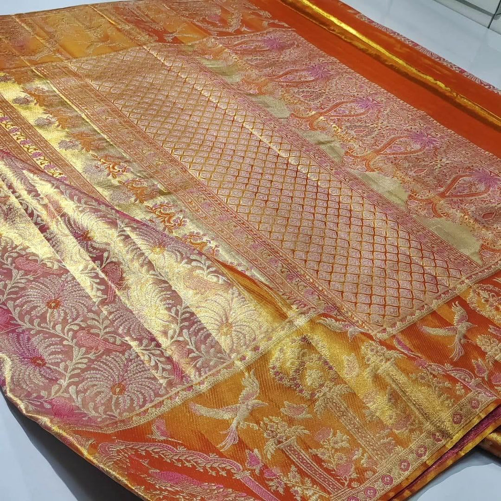 Coral Kanchipuram Handloom Tissue Meenakari Kalanjali Theega Silk Saree